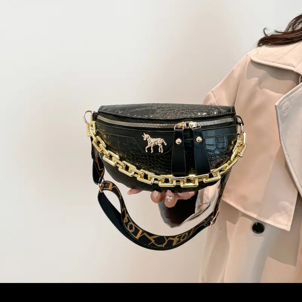 Crocodile Print Black and Gold Crossbody Belt Chest Bag